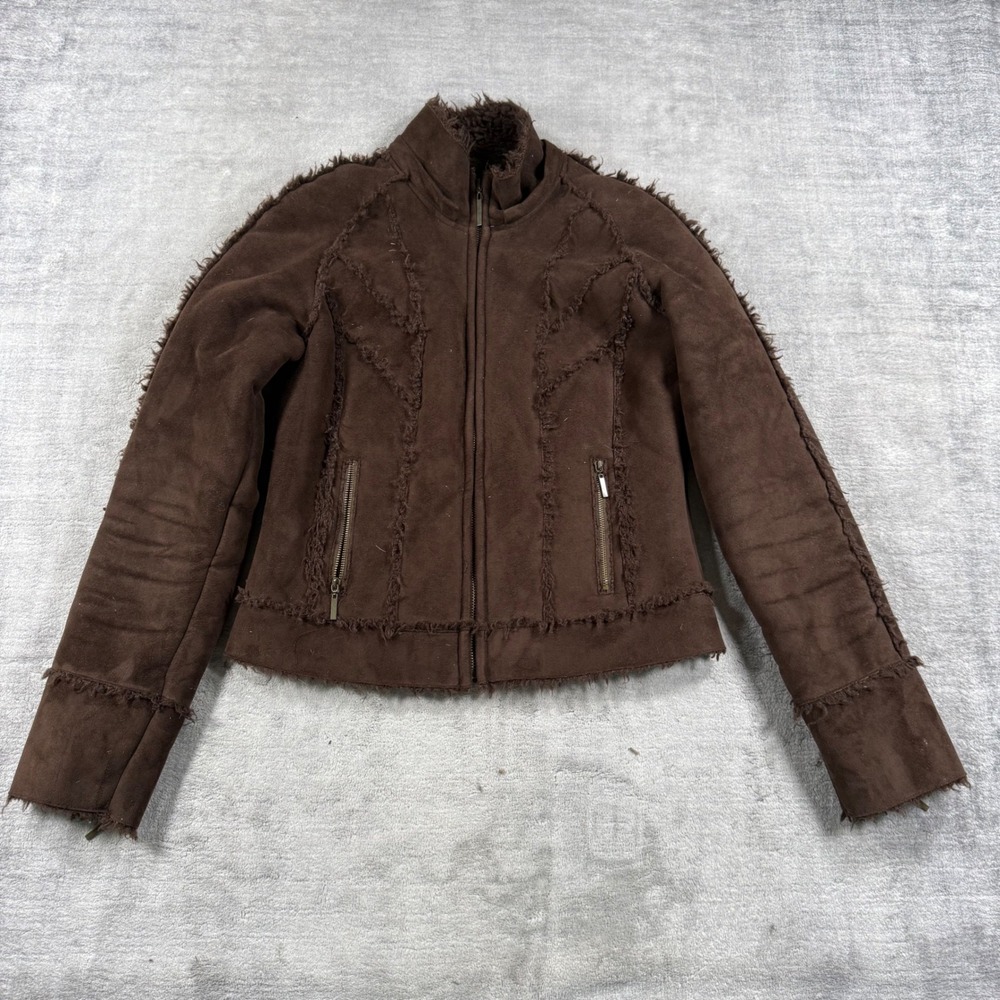 Guess Jeans Jacket Womens Medium Brown Vintage Y2K Faux Suede Shearling Moto